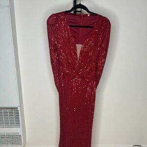 NWT Formal RED Sequins w/Infinity Sleeve Mermaid Gown dress Small
